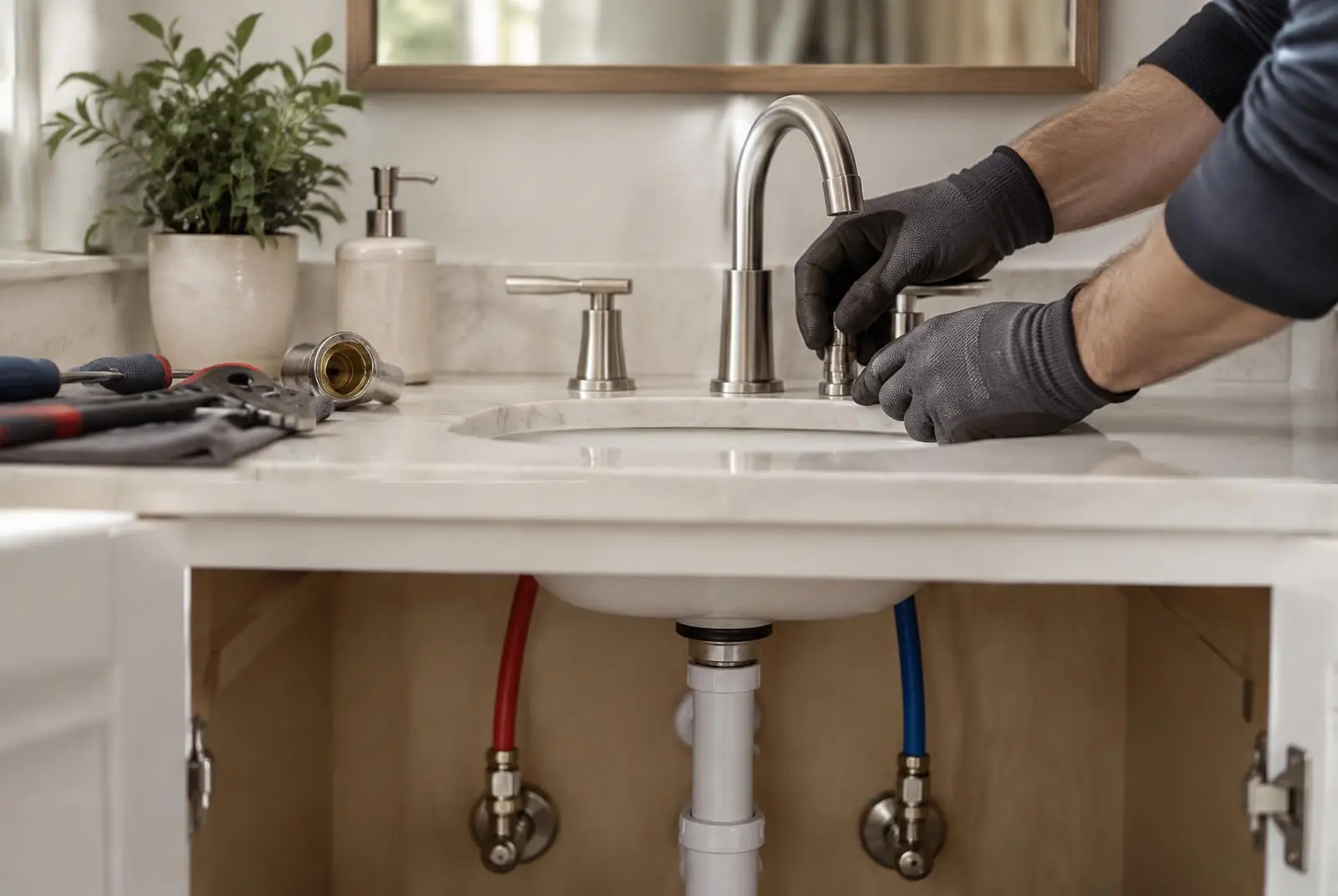 Gloved hands installing a brushed nickel faucet on a bathroom vanity