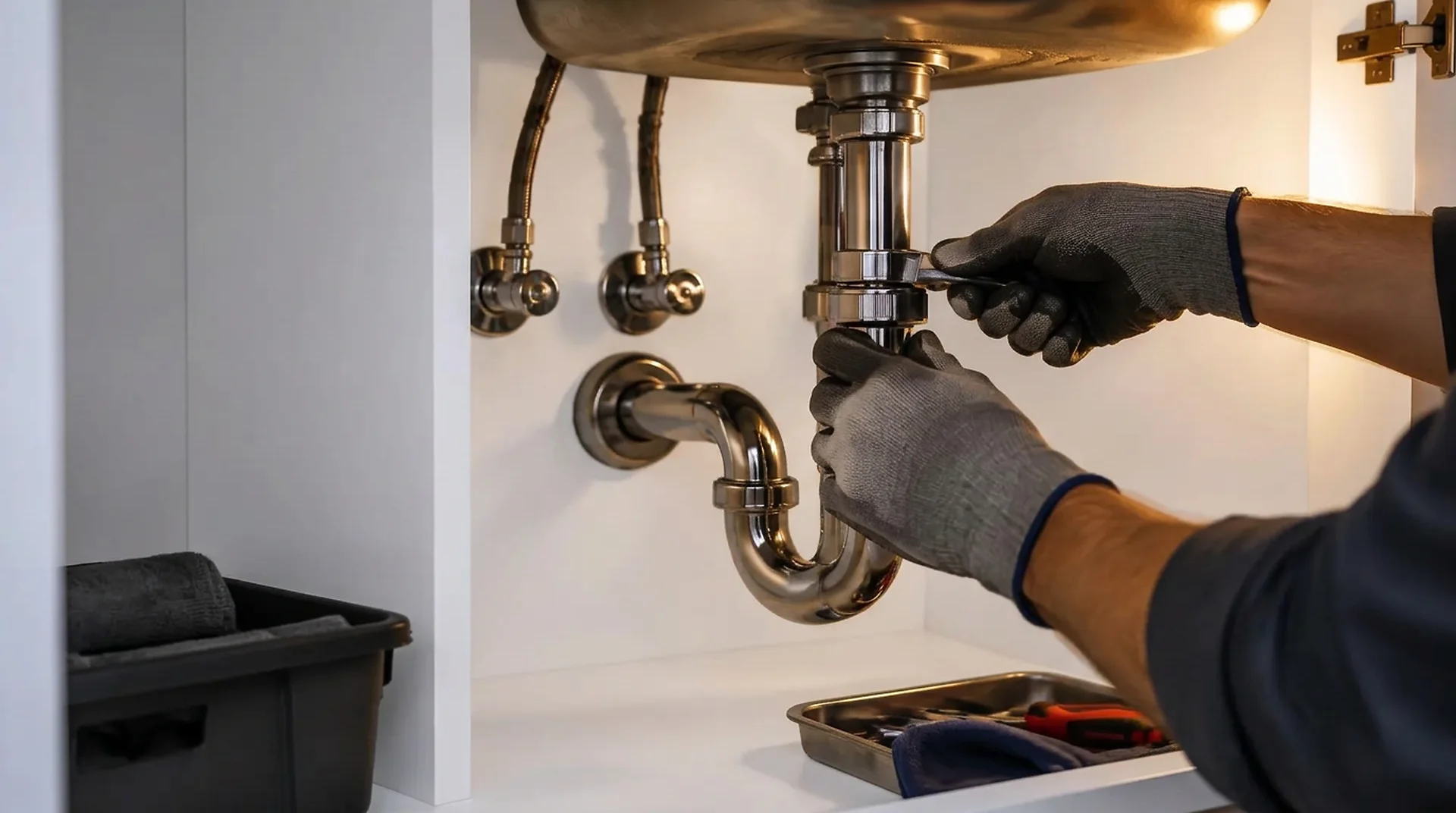 Gloved hands tightening a chrome drain fitting under a kitchen sink, lit by a work light