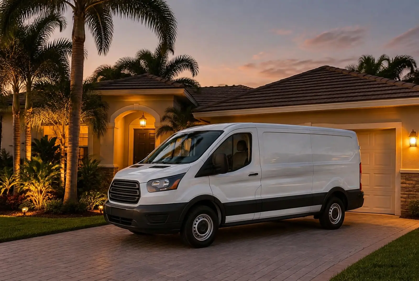 White service van parked in the driveway of a Florida home with palm trees at dusk